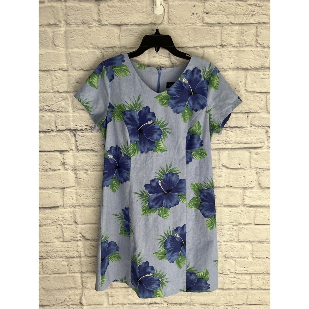 Sun Moda Blue Hawaiian Shift Muumuu Hibiscus Linen Blend Dress Size Medium